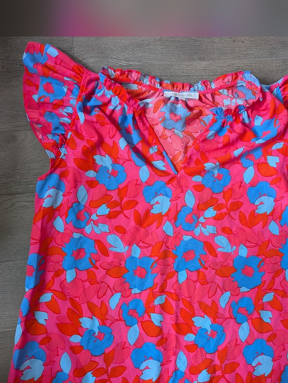 Sugarlips Hot Pink Floral V-Neck Top with Blue Accents